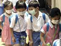 Children cover their face with masks to prevent SARS infection, which infected more than 8,000 people in close to 30 nations and killed more than 750.