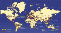 The map showing the route  (dashed lines: by sea , red lines: by car)