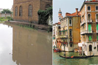 Side view of the grand canal in Venice (left) side view of a water accumulation in al-Awqaf buildings in Sana